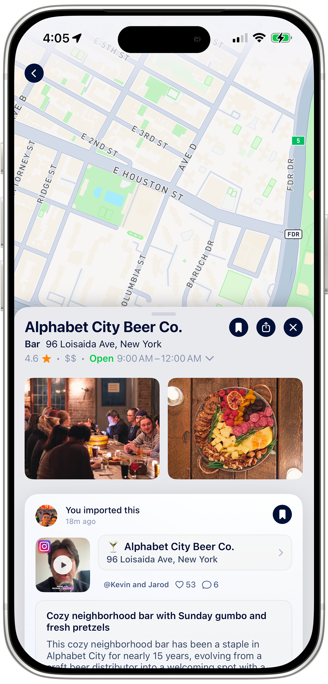 A bar's detail page in the app, saved from an Instagram post